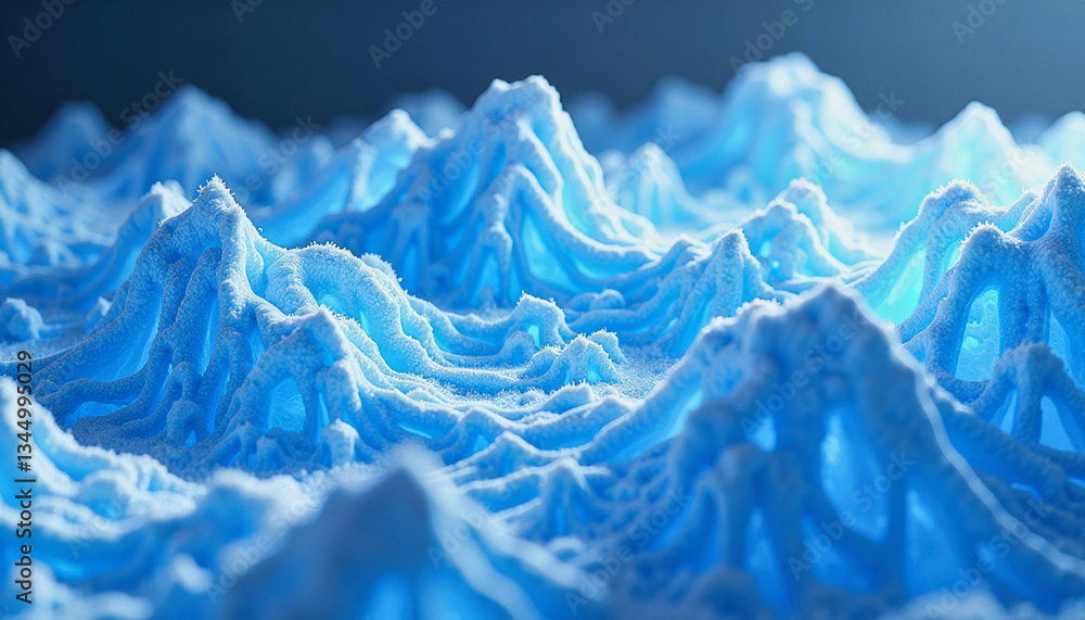 Poster glowing blue formations resemble a crystalline landscape with intricate, fractal-like structures. gr