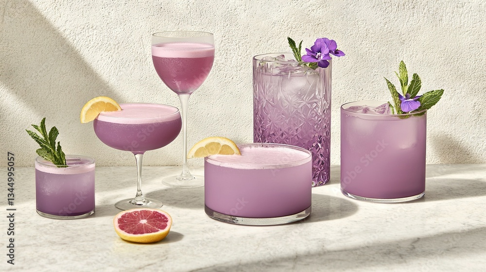 Poster a table topped with glasses filled with different types of drinks next to grapefruits