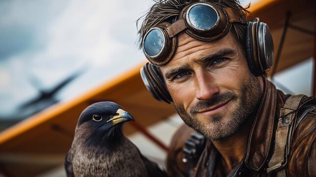 Man with Falcon Near Vintage Airplane
