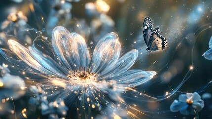 Ethereal Blue Flower with Delicate Butterfly in Magical Garden Setting with Soft Lights and Dreamy Atmosphere