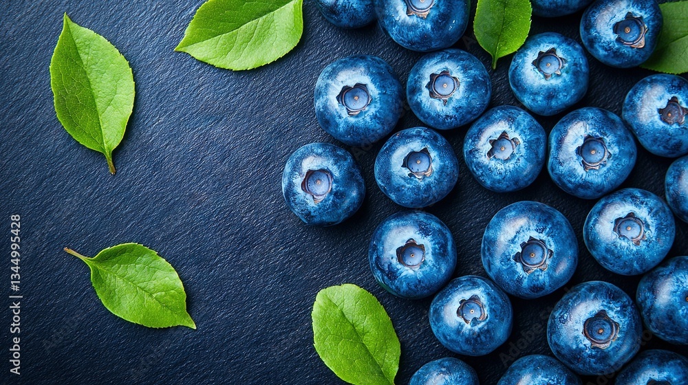 Poster a cluster of blueberries on a dark background with green foliage and an available spot to insert the