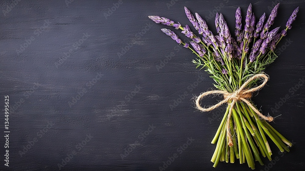 Poster a bundle of lavender tied with string against a dark backdrop, accented by twine