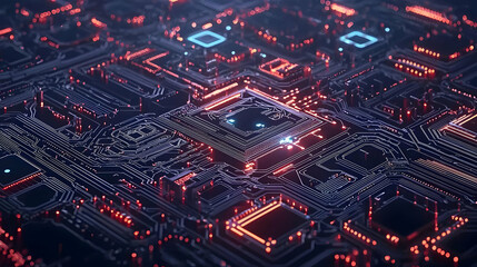 Abstract Circuit Board Illuminated With Red And Blue Lights Illustrating Digital Data Flow and Network Connections