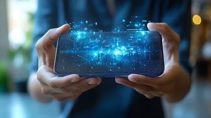 Person Holding Smartphone with Futuristic Digital Interface
