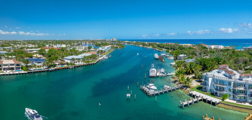 panoramic drone view of Hillsboro Beach, Florida with ocean and city