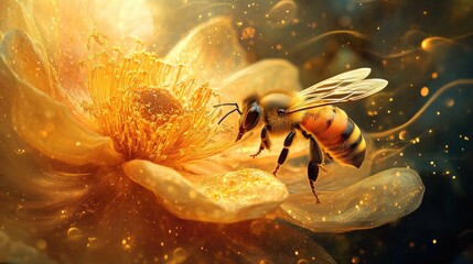 Close-Up of a Honeybee Pollinating a Vibrant Flower Under Glowing Light with Sparkling Particles