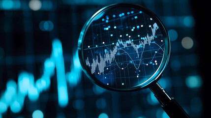Stock Market Growth Trend on Graph Displayed Through Magnifying Glass