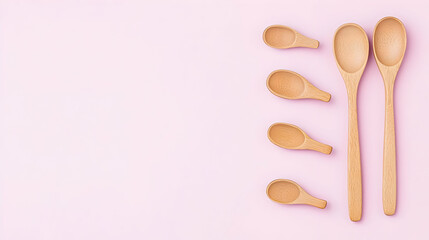 Set Of Wooden Spoons On Light Pink Background