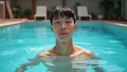 Asian man in a blue water pool
