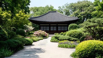 Japanese Pavilion in a Lush Green Garden Pathway Leading to Wooden Building Surrounded by Trees and Flowering Plants on a Sunny Day