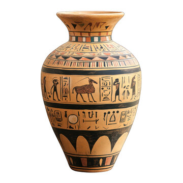 Egyptian clay vase with hieroglyphs, intricate designs, isolated on transparent background