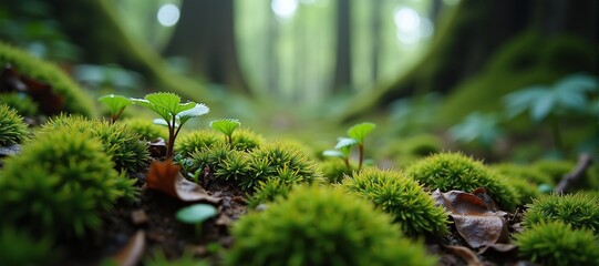 Close-up of lush forest floor with mosses, green vegetation. Preserving natural forests protects biodiversity, ecosystems. Forests: Earth's lungs