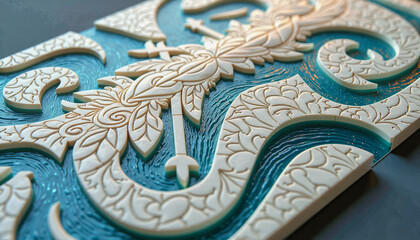 Intricate, raised white floral patterns adorn a vibrant teal background, creating a textured, ornamental design. Graphical resource for design and downstream advertisement purposes