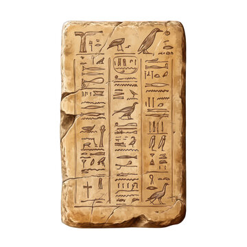 Egyptian stone tablet with hieroglyphs, ancient script, isolated on transparent background