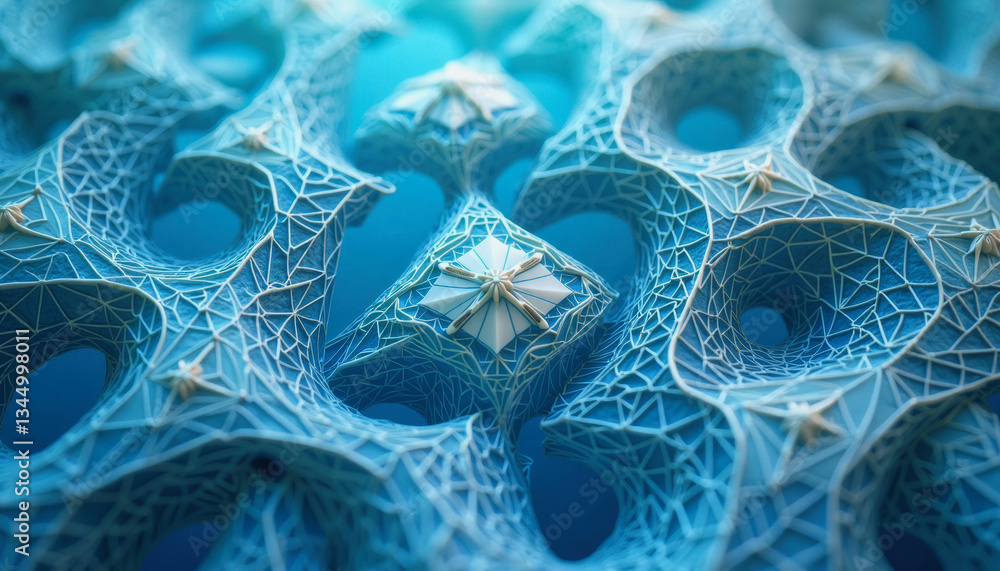 Poster intricate, glowing blue lattice structures interlock to form a mesmerizing, futuristic architectural