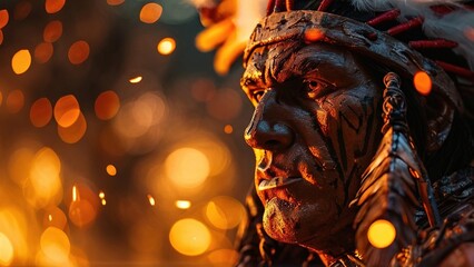 Native American man, painted face, firelight, night, contemplation, historical portrayal