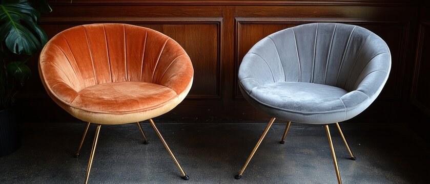 Two modern chairs in complementary colors next to wood paneling
