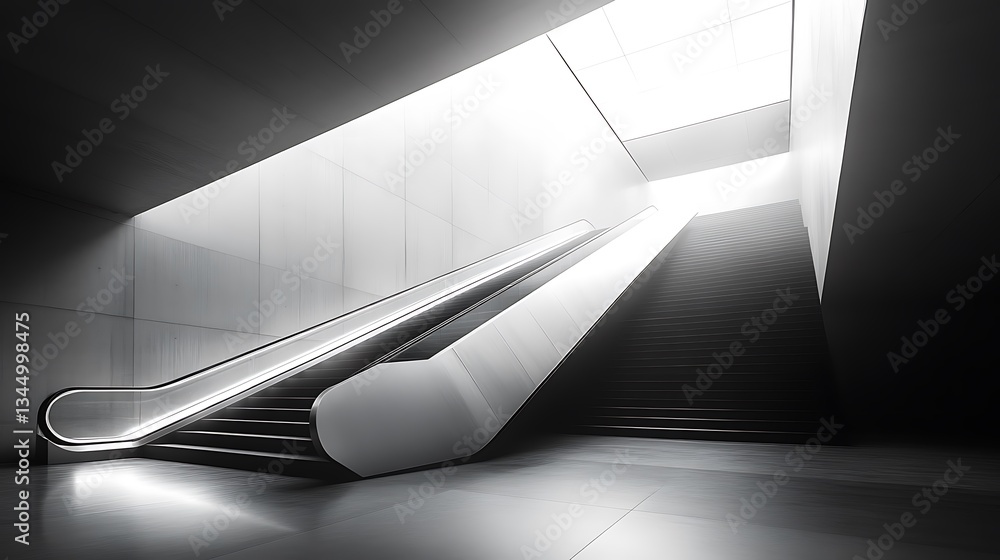 Poster modern architectural design featuring staircase and escalator with bright sunlight shining through s