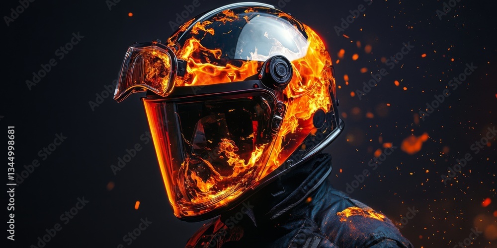 Poster a striking image of a helmet engulfed in flames. this artwork blends fiery elements with protective 