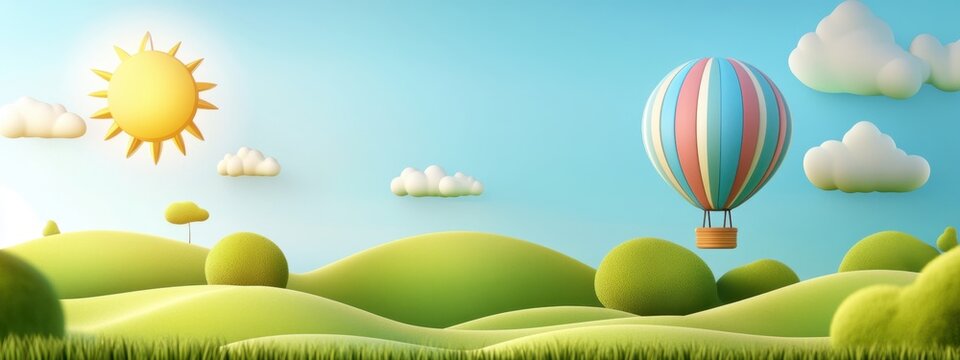A whimsical hot air balloon floats over a cartoonish landscape of rolling green hills, fluffy clouds, and a bright sun. A delightful scene of carefree adventure and joy