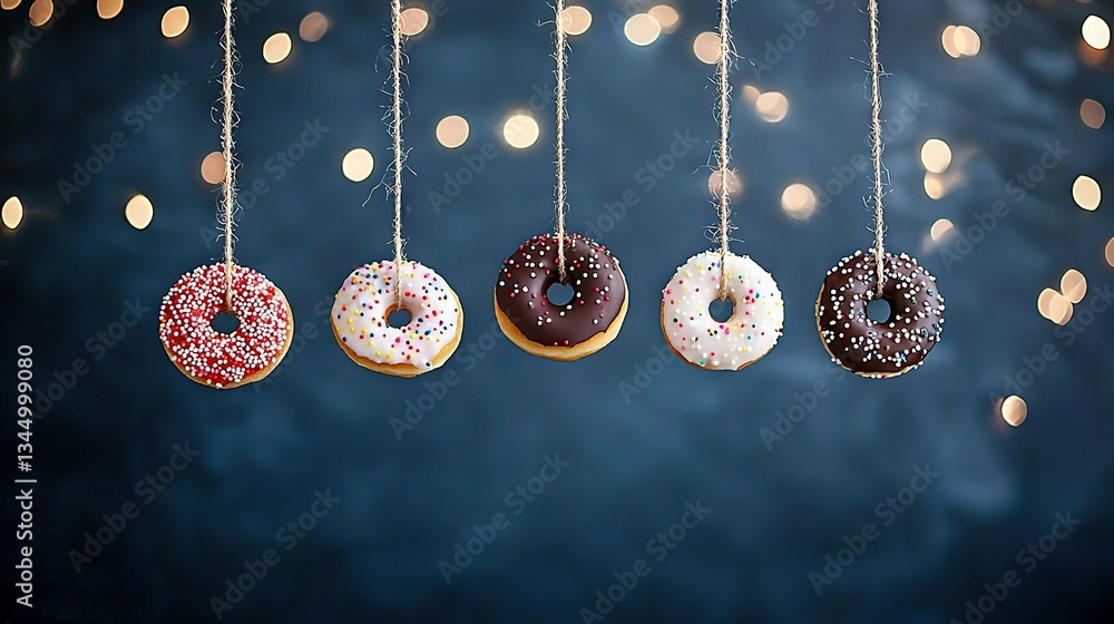Poster a collection of doughnuts dangling on strings against a black backdrop with white and red sprinkles