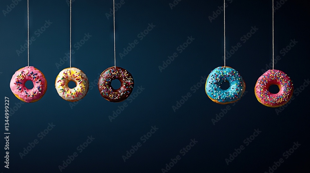 Poster a blue background with a row of donuts dangling from strings, adorned with sprinkles