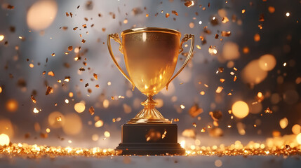 Golden Trophy on Black Base with Sparkling Background