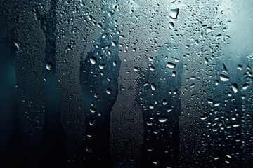 Condensation forms droplets on a glass window surface in blue hue