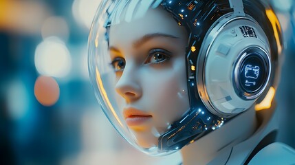 Portrait of a man-robot hybrid, blending organic and mechanical elements. This futuristic image embodies the fusion of technology and humanity, ideal for cyberpunk media, AI, and biomechanics topics.	