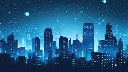 Night city skyline with digital connections, illustration. Possible stock photo
