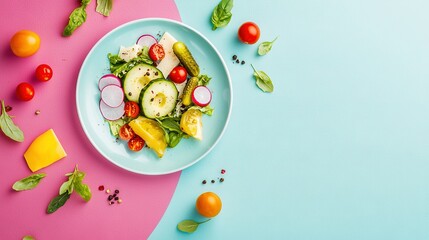   A blue plate with cucumber and tomato slices on top of a mixed-color background