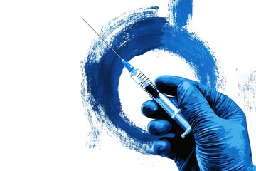Hand in glove holding a syringe over a blue circular brush stroke