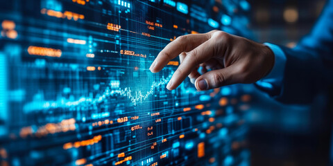 Business Professional Interacting with Digital Stock Market Chart and Data Analysis Interface in Futuristic Technology Setting