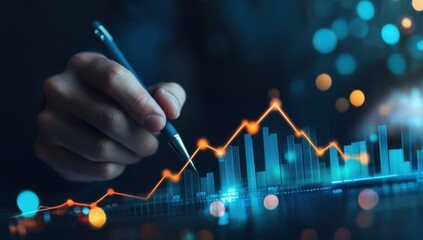 Businessman drawing an upward arrow on a graph with a growth chart and business plan, a concept of rising sales or a positive market and training for success in a business background Generative AI