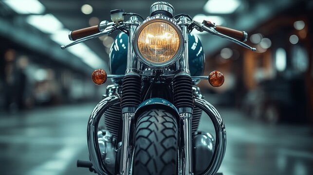Close-up of vintage teal motorcycle headlight in a garage.