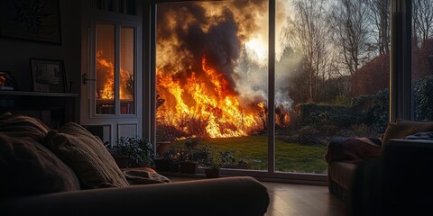 A captivating indoor scene shows flames engulfing the garden outside. The contrast of safety inside and danger outside creates tension. Ideal for storytelling or dramatic themes. AI
