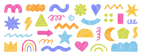 Abstract geometric shapes and forms, chalk pencil doodle set. Crayon modern figures, brush crown, stars, arrow in sketch style. Hand drawn vector illustration isolated on white background