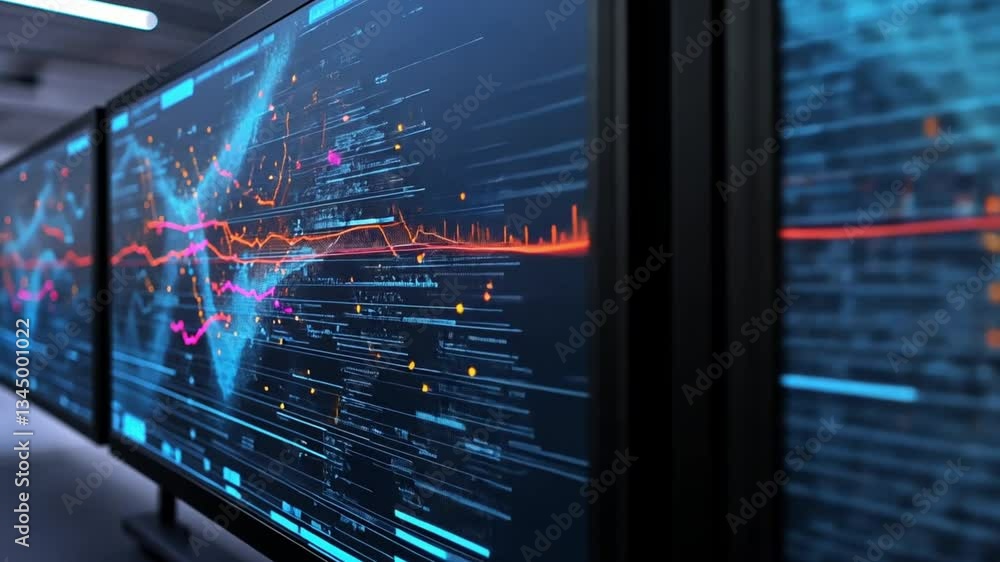 Poster digital data visualization: high-tech screens displaying complex information