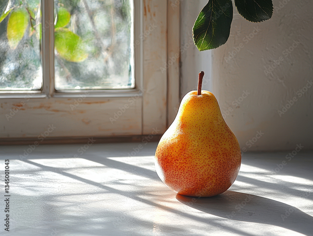 Poster single pear on soft gray surface surrounded by delicate shadows in a minimalist still life compositi