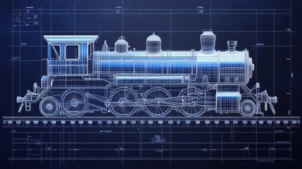 A detailed blueprint illustration of a steam engine train