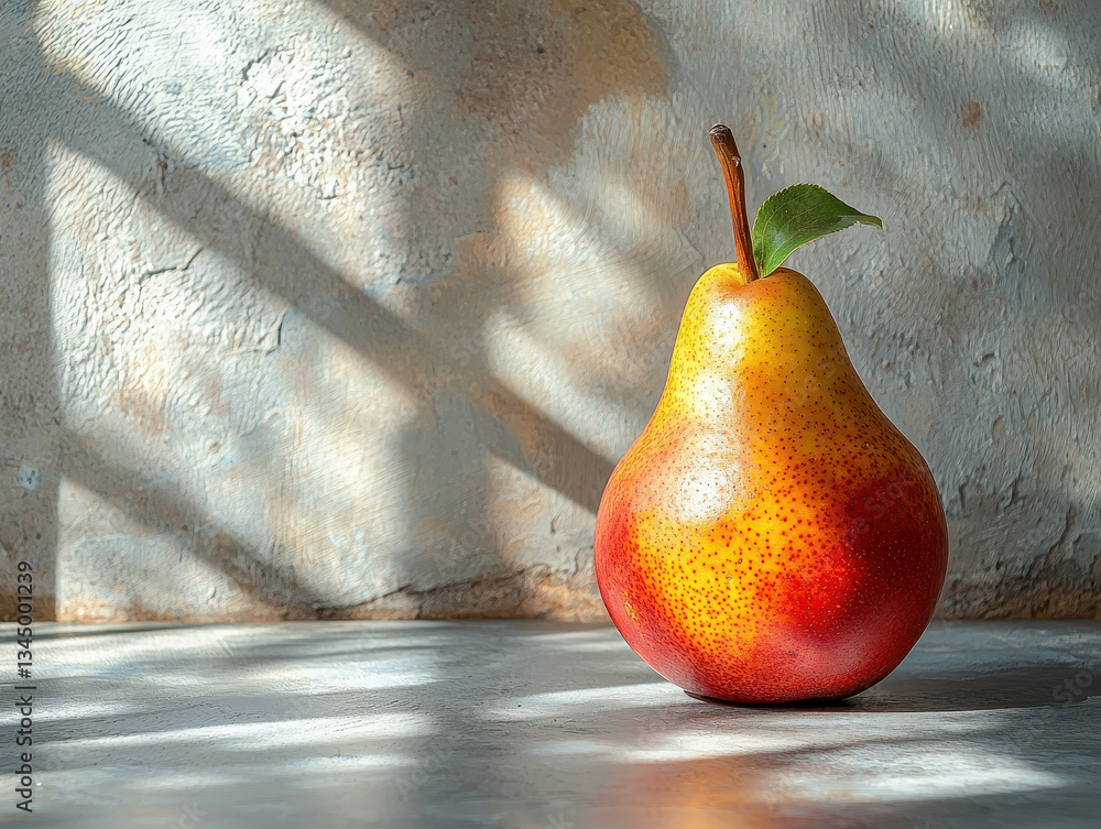 Poster minimalist still life featuring a single pear on a soft gray surface with delicate shadows and organ
