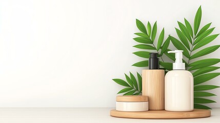 Fototapeta premium Eco-friendly packaging Natural skincare products arranged with green leaves on a minimalist background.