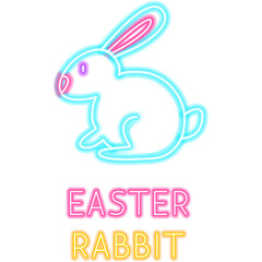 Happy Easter Rabbit Neon Label. Illustration of Religious Holiday. Seasonal Greetings. Farm Bunny Animal.