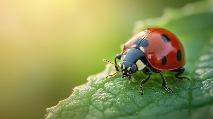   A ladybug on a leaf, illuminated by sunlight from behind its head