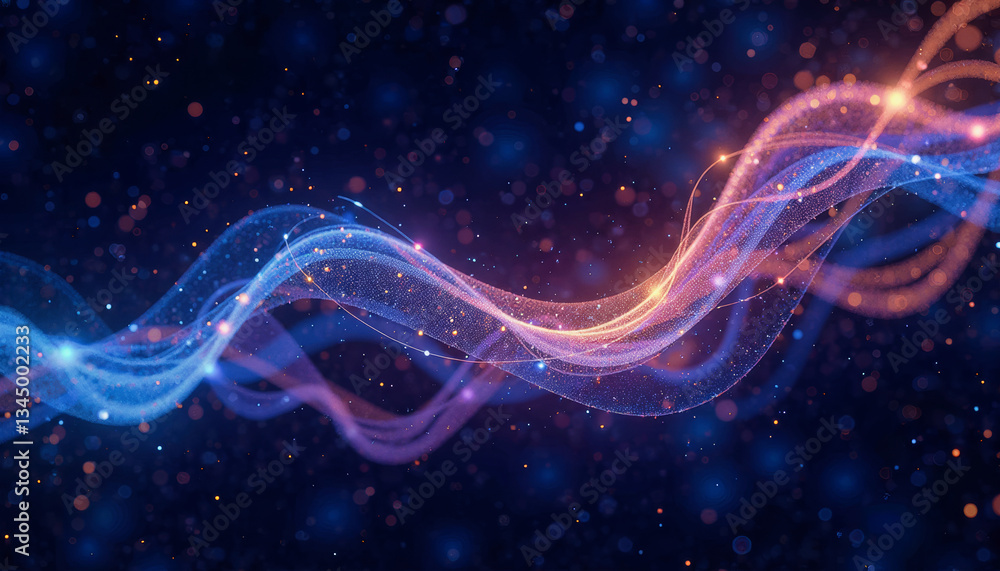Poster flowing ribbons of vibrant blue and orange light weave through a dark, speckled background, creating