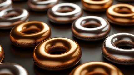   A close-up of several doughnuts on a table surrounded by a sea of doughnuts