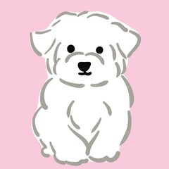 Fototapeta premium Cute Fluffy White Puppy Illustration on Pink Background – Hand Drawn Cartoon Maltese Dog
