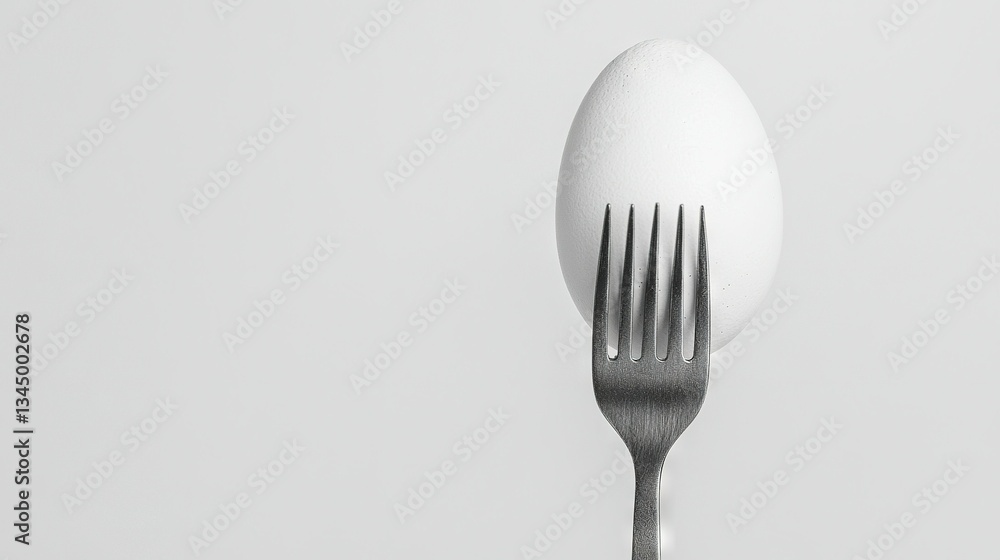 Poster a close-up shot of a fork with an egg perched on top, and another egg resting at the tines' end