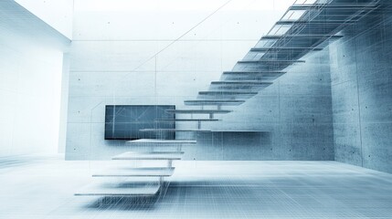 Obraz premium A modern architectural interior shows stairs and a television screen