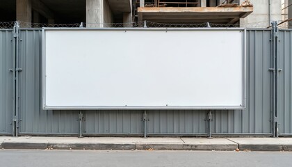 Blank white billboard on construction site fence. Empty hoarding for commercial advertisement, urban city background. Mockup template for design, business communication, marketing. Gray metal fence